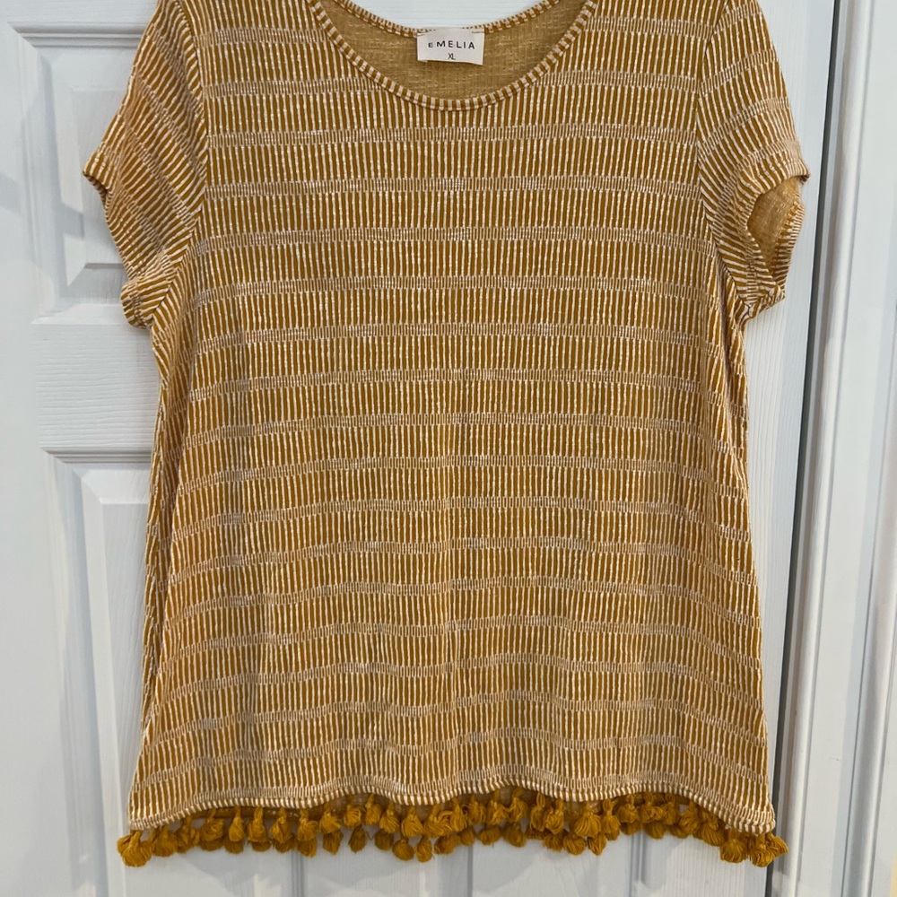 Ladies Size XL "EMELIA" Mustard Striped Short Sleeve Top Tassel Balls Hem GUC